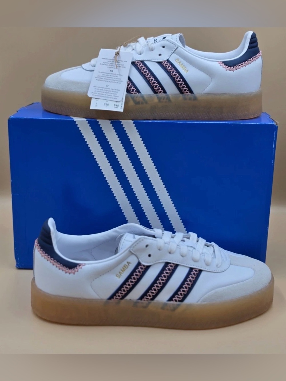 adidas Originals Sambae J White Dark Blue Pink Gum Platform Sneakers JP9534 New